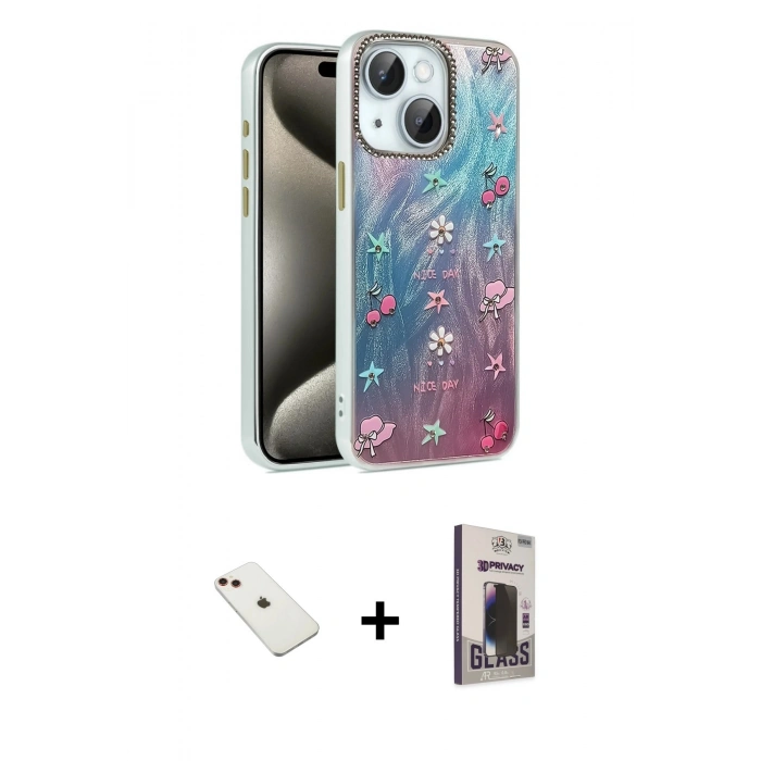 MARSİLYAN™- iPhone 14 Kılıf Zirve Modern Prime - Siyah Bilvis Hayalet Cam Ekran Koruyucu + Diamond Kamera Lens - KI