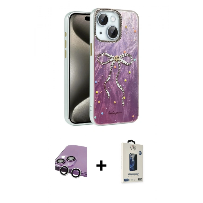 MARSİLYAN™- iPhone 14 Kılıf Zirve Modern Prime - Siyah Bilvis Hayalet Cam Ekran Koruyucu + Raze Metal Kamera Lens - GS