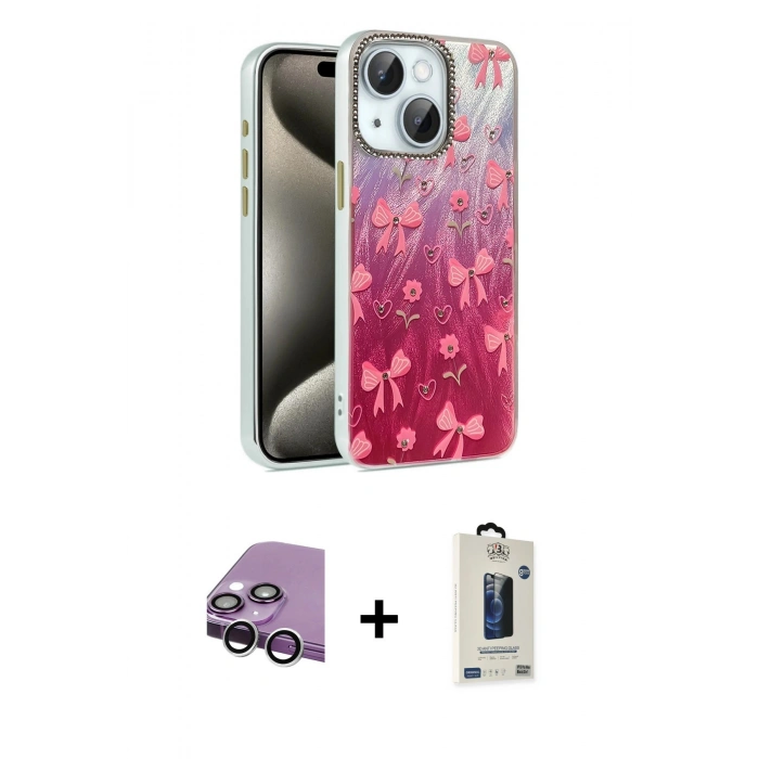 MARSİLYAN™- iPhone 14 Kılıf Zirve Modern Prime - Siyah Bilvis Hayalet Cam Ekran Koruyucu + Raze Metal Kamera Lens - GS