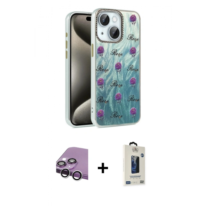 MARSİLYAN™- iPhone 14 Kılıf Zirve Modern Prime - Siyah Bilvis Hayalet Cam Ekran Koruyucu + Raze Metal Kamera Lens - GS