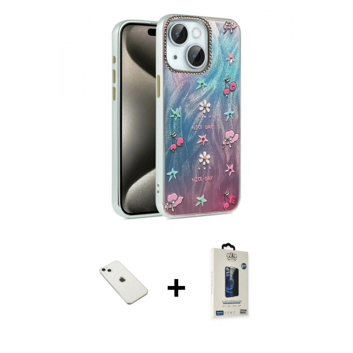 MARSİLYAN™- iPhone 14 Kılıf Zirve Modern Prime - Siyah Bilvis Hayalet Cam Ekran Koruyucu + Diamond Kamera Lens - SABE