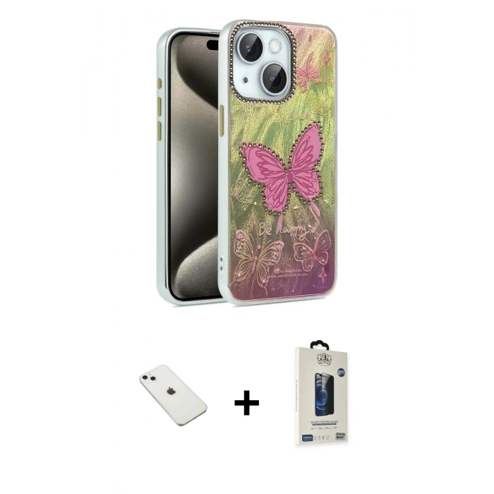 MARSİLYAN™- iPhone 14 Kılıf Zirve Modern Prime - Siyah Bilvis Hayalet Cam Ekran Koruyucu + Diamond Kamera Lens - SABE