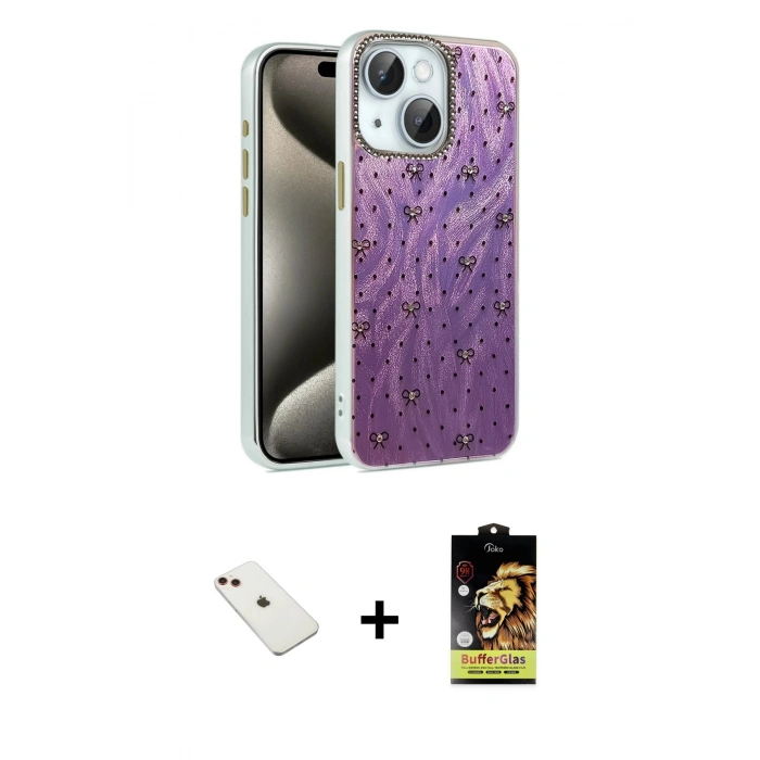 MARSİLYAN™- iPhone 14 Kılıf Zirve Modern Prime - Siyah Buffer Cam Ekran Koruyucu + Diamond Kamera Lens - KI