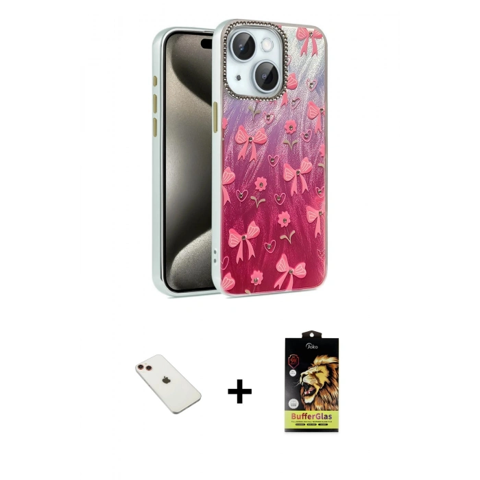 MARSİLYAN™- iPhone 14 Kılıf Zirve Modern Prime - Siyah Buffer Cam Ekran Koruyucu + Diamond Kamera Lens - KI