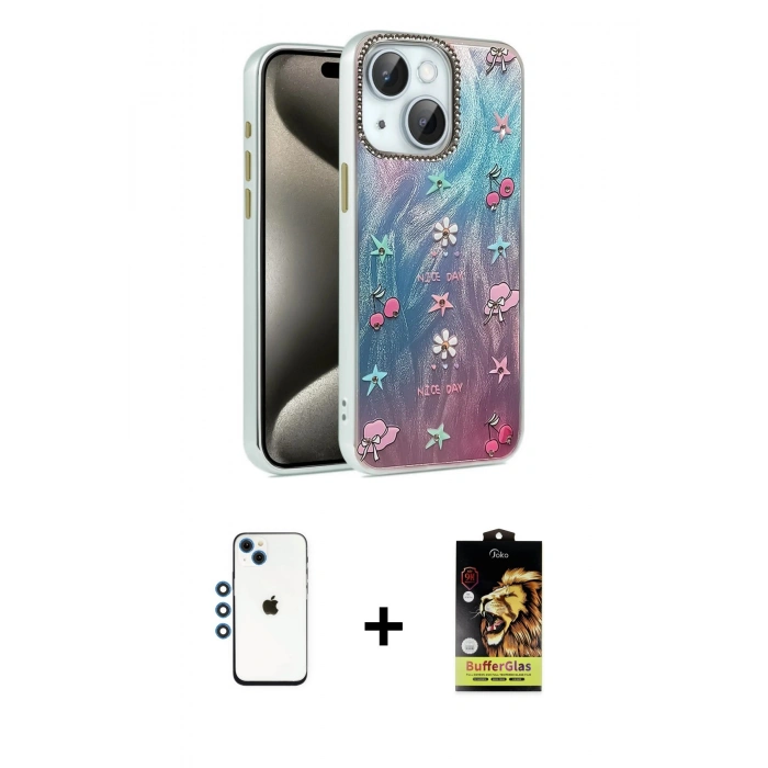 MARSİLYAN™- iPhone 14 Kılıf Zirve Modern Prime - Siyah Buffer Cam Ekran Koruyucu + Shine Kamera Lens - MI