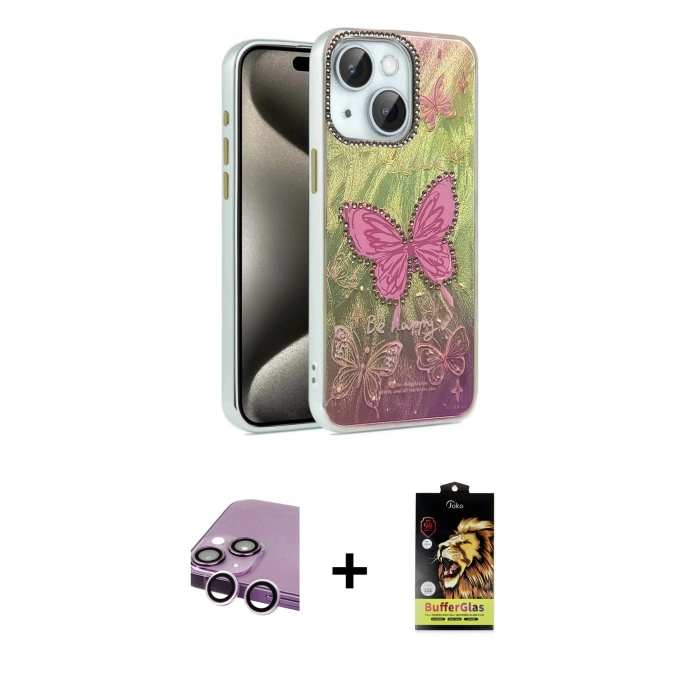 MARSİLYAN™- iPhone 14 Kılıf Zirve Modern Prime - Siyah Buffer Cam Ekran Koruyucu + Raze Metal Kamera Lens - MR