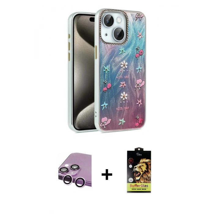 MARSİLYAN™- iPhone 14 Kılıf Zirve Modern Prime - Siyah Buffer Cam Ekran Koruyucu + Raze Metal Kamera Lens - MR