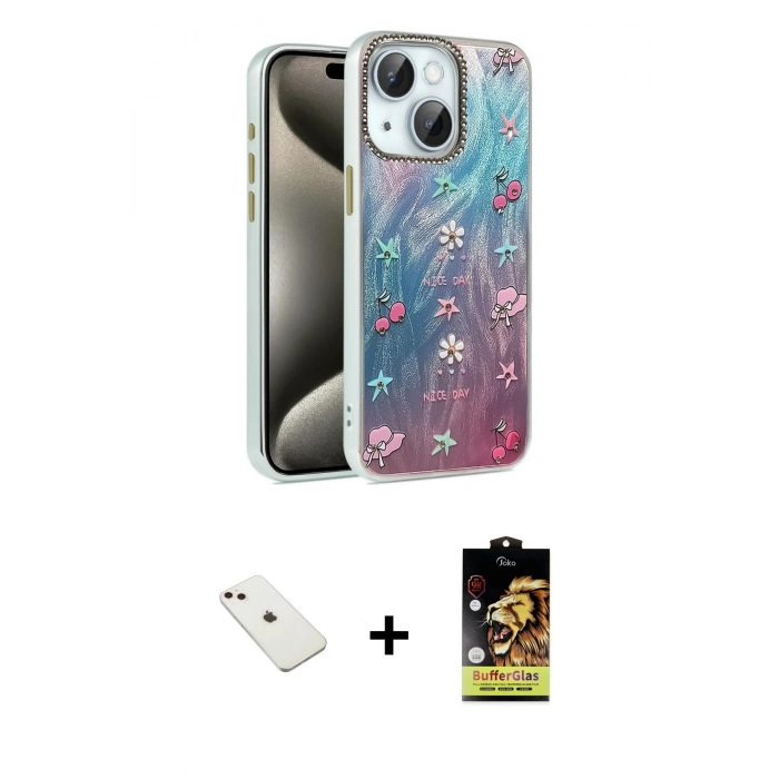 MARSİLYAN™- iPhone 14 Kılıf Zirve Modern Prime - Siyah Buffer Cam Ekran Koruyucu + Diamond Kamera Lens - PE