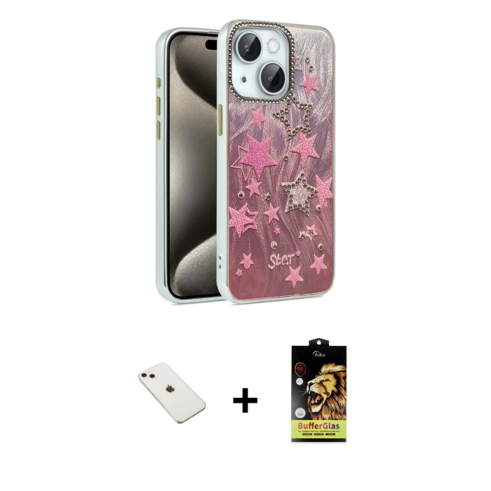MARSİLYAN™- iPhone 14 Kılıf Zirve Modern Prime - Siyah Buffer Cam Ekran Koruyucu + Diamond Kamera Lens - PE