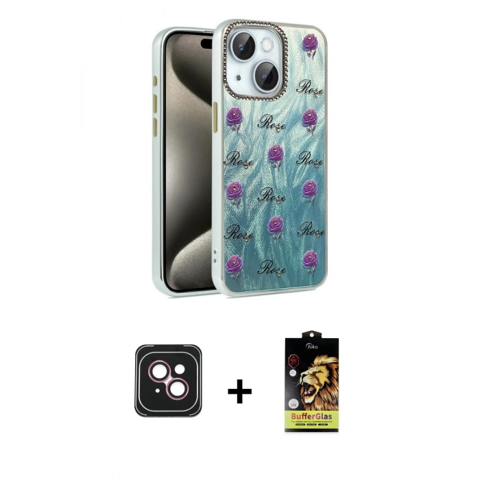 MARSİLYAN™- iPhone 14 Kılıf Zirve Modern Prime - Siyah Buffer Cam Ekran Koruyucu + PVD Metal Kamera Lens - PE