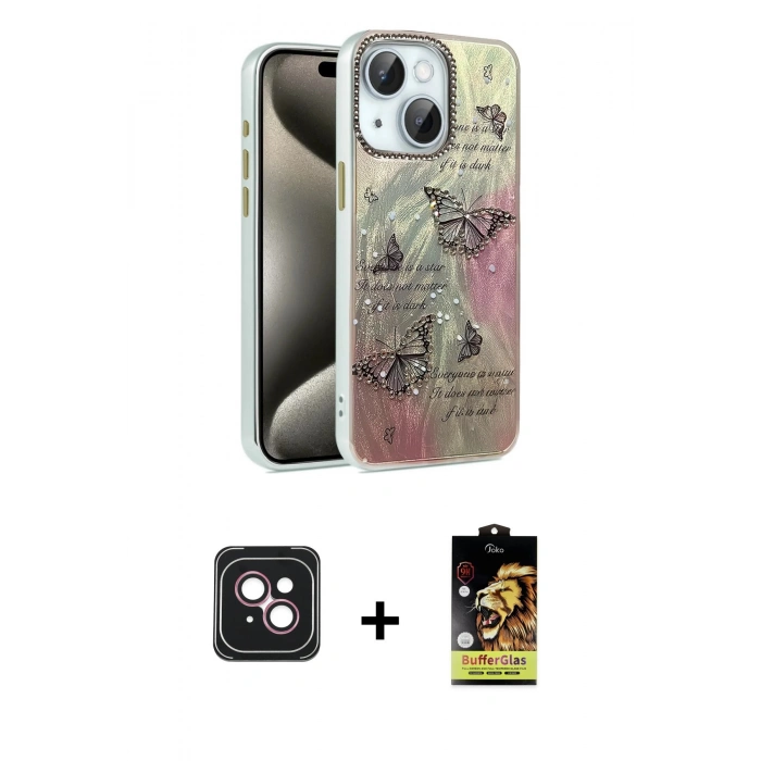 MARSİLYAN™- iPhone 14 Kılıf Zirve Modern Prime - Siyah Buffer Cam Ekran Koruyucu + PVD Metal Kamera Lens - PE