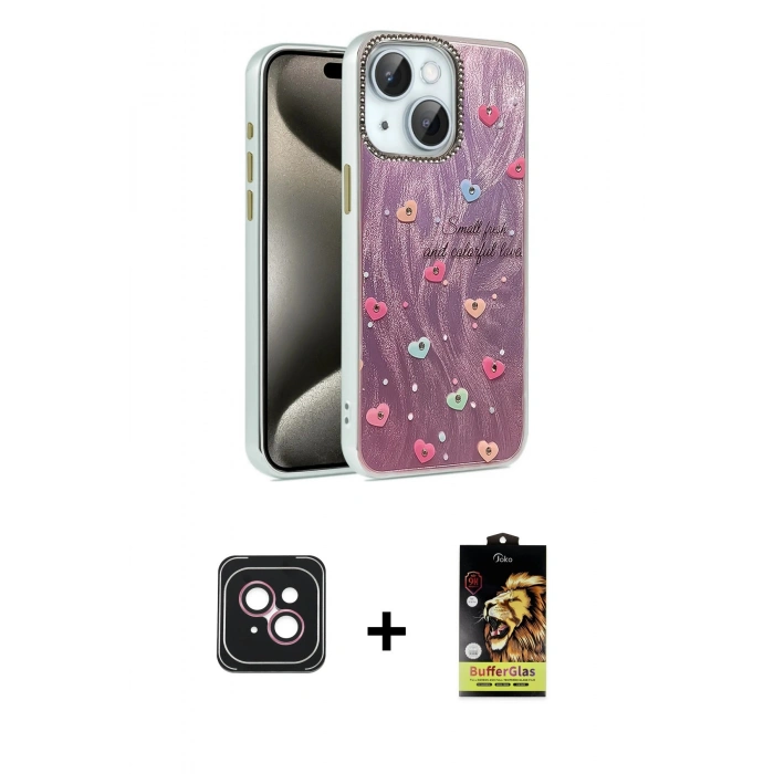 MARSİLYAN™- iPhone 14 Kılıf Zirve Modern Prime - Siyah Buffer Cam Ekran Koruyucu + PVD Metal Kamera Lens - PE