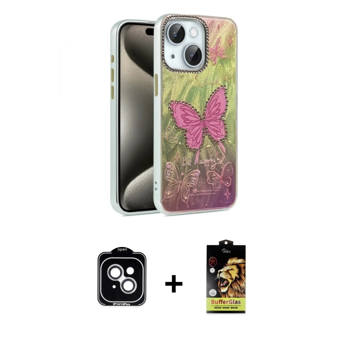 MARSİLYAN™- iPhone 14 Kılıf Zirve Modern Prime - Siyah Buffer Cam Ekran Koruyucu + PVD Metal Kamera Lens - GS