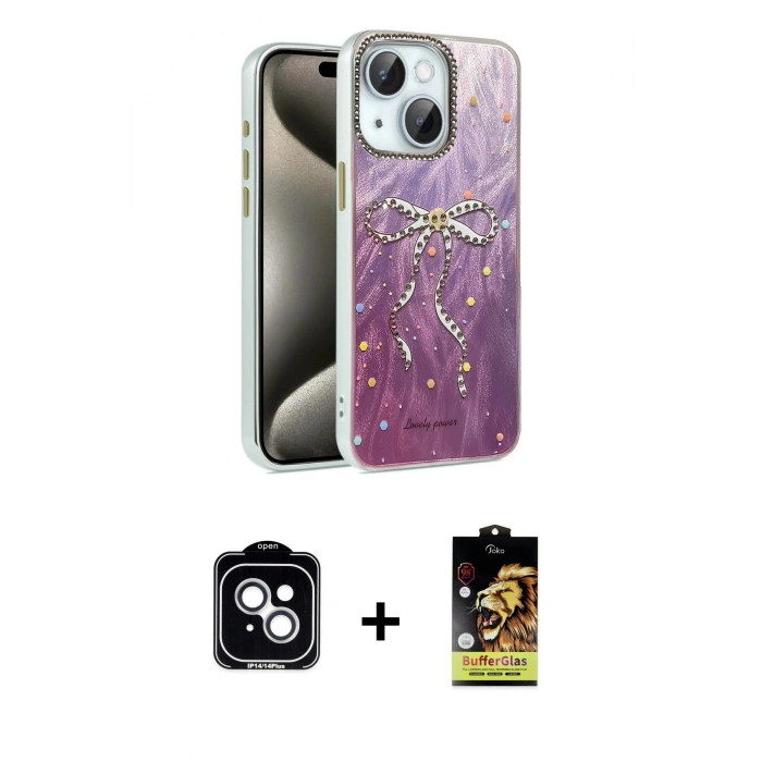 MARSİLYAN™- iPhone 14 Kılıf Zirve Modern Prime - Siyah Buffer Cam Ekran Koruyucu + PVD Metal Kamera Lens - GS