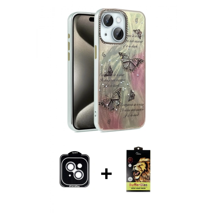 MARSİLYAN™- iPhone 14 Kılıf Zirve Modern Prime - Siyah Buffer Cam Ekran Koruyucu + PVD Metal Kamera Lens - GS