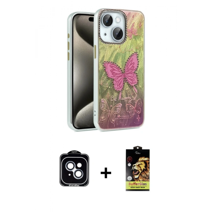 MARSİLYAN™- iPhone 14 Kılıf Zirve Modern Prime - Siyah Buffer Cam Ekran Koruyucu + PVD Metal Kamera Lens - MI