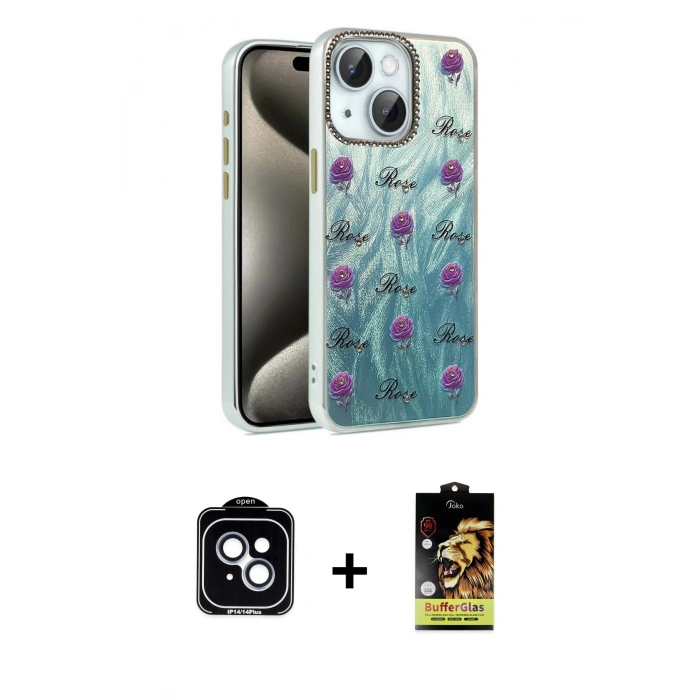 MARSİLYAN™- iPhone 14 Kılıf Zirve Modern Prime - Siyah Buffer Cam Ekran Koruyucu + PVD Metal Kamera Lens - MI