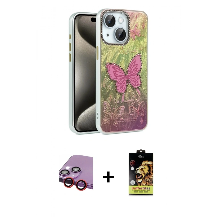 MARSİLYAN™- iPhone 14 Kılıf Zirve Modern Prime - Siyah Buffer Cam Ekran Koruyucu + Raze Metal Kamera Lens - KI