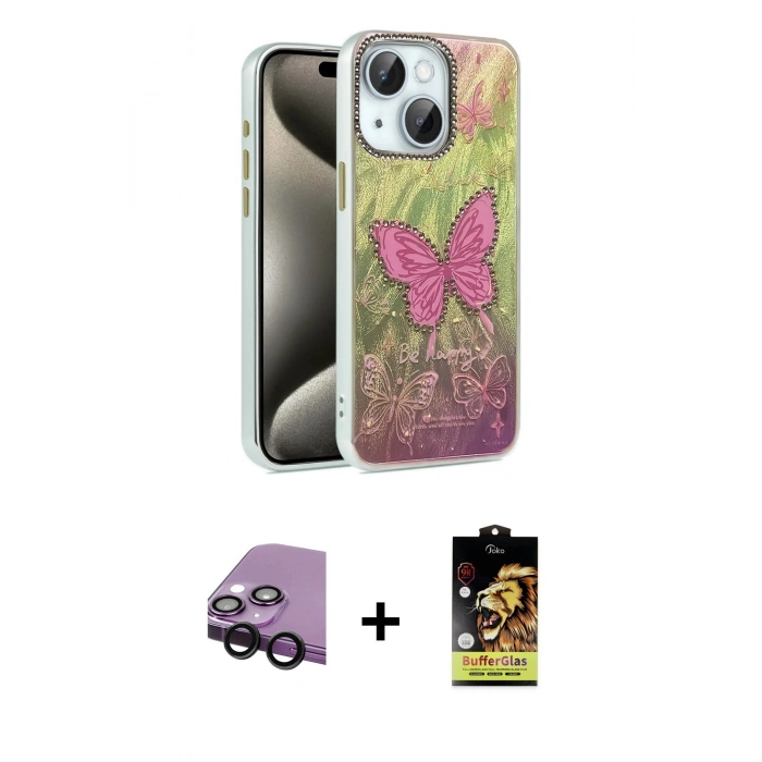 MARSİLYAN™- iPhone 14 Kılıf Zirve Modern Prime - Siyah Buffer Cam Ekran Koruyucu + Raze Metal Kamera Lens - SH