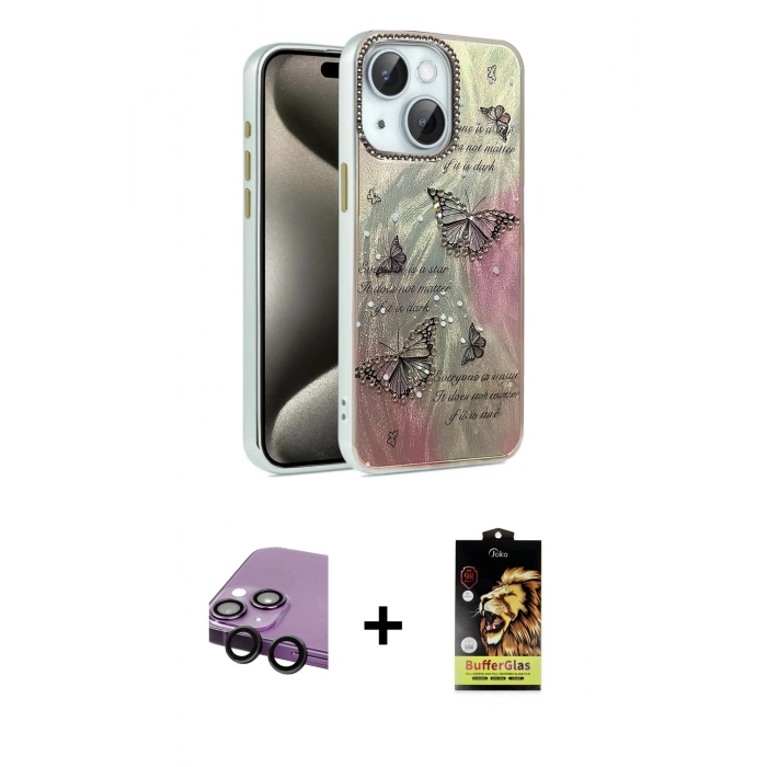 MARSİLYAN™- iPhone 14 Kılıf Zirve Modern Prime - Siyah Buffer Cam Ekran Koruyucu + Raze Metal Kamera Lens - SH