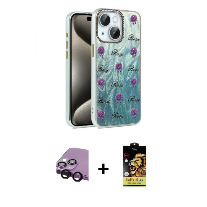 MARSİLYAN™- iPhone 14 Kılıf Zirve Modern Prime - Siyah Buffer Cam Ekran Koruyucu + Raze Metal Kamera Lens - SH