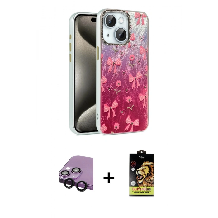 MARSİLYAN™- iPhone 14 Kılıf Zirve Modern Prime - Siyah Buffer Cam Ekran Koruyucu + Raze Metal Kamera Lens - SH
