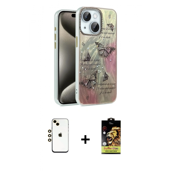 MARSİLYAN™- iPhone 14 Kılıf Zirve Modern Prime - Siyah Buffer Cam Ekran Koruyucu + Shine Kamera Lens - GD