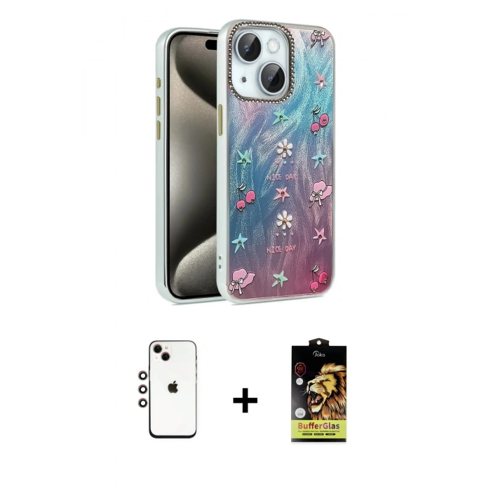MARSİLYAN™- iPhone 14 Kılıf Zirve Modern Prime - Siyah Buffer Cam Ekran Koruyucu + Shine Kamera Lens - GI