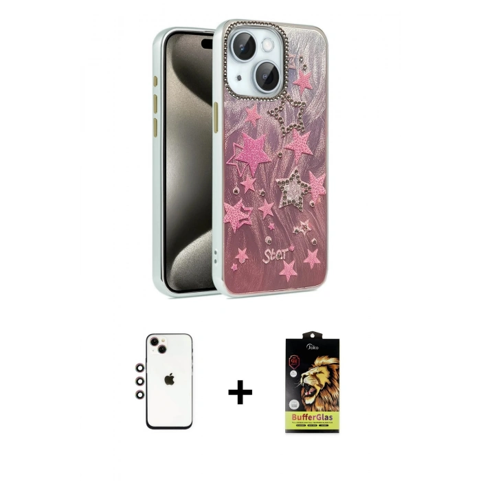 MARSİLYAN™- iPhone 14 Kılıf Zirve Modern Prime - Siyah Buffer Cam Ekran Koruyucu + Shine Kamera Lens - GI