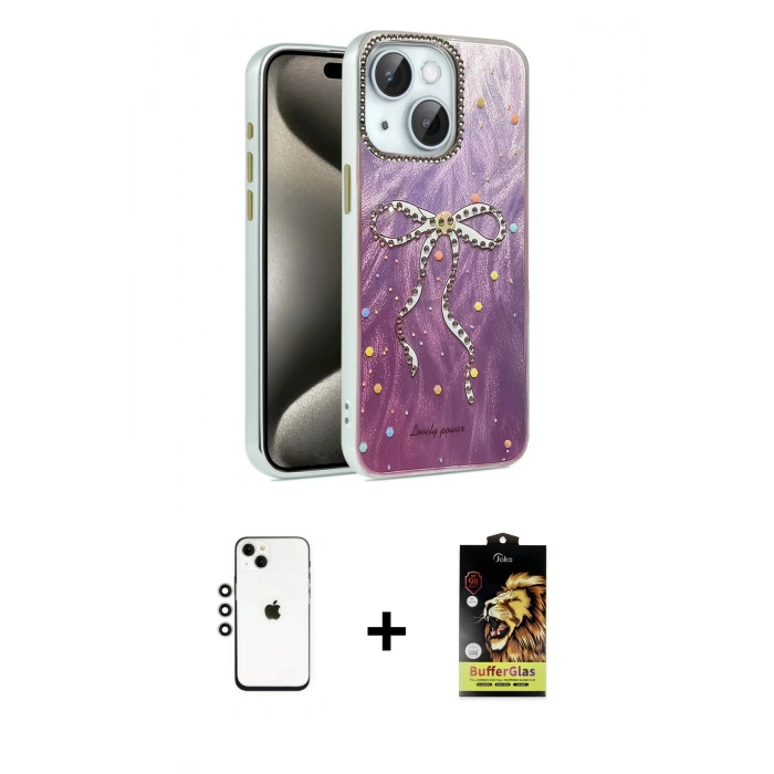 MARSİLYAN™- iPhone 14 Kılıf Zirve Modern Prime - Siyah Buffer Cam Ekran Koruyucu + Shine Kamera Lens - GS