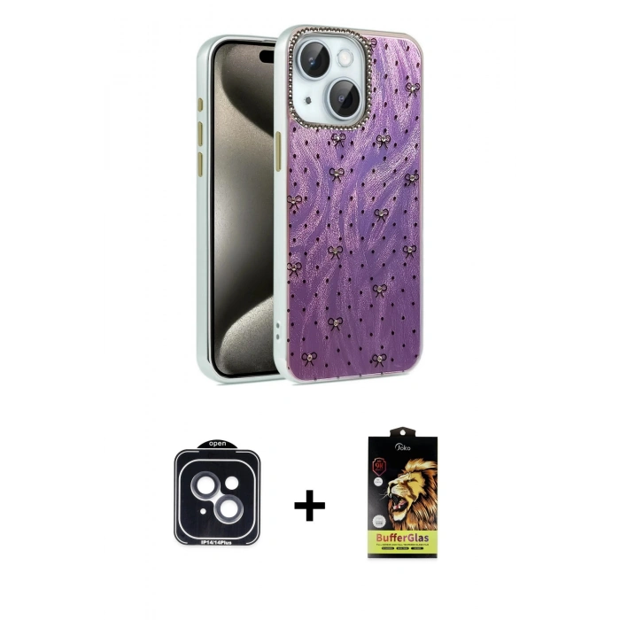 MARSİLYAN™- iPhone 14 Kılıf Zirve Modern Prime - Siyah Buffer Cam Ekran Koruyucu + PVD Metal Kamera Lens - SH