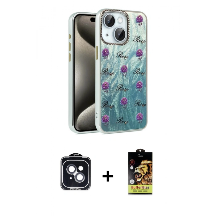 MARSİLYAN™- iPhone 14 Kılıf Zirve Modern Prime - Siyah Buffer Cam Ekran Koruyucu + PVD Metal Kamera Lens - SH