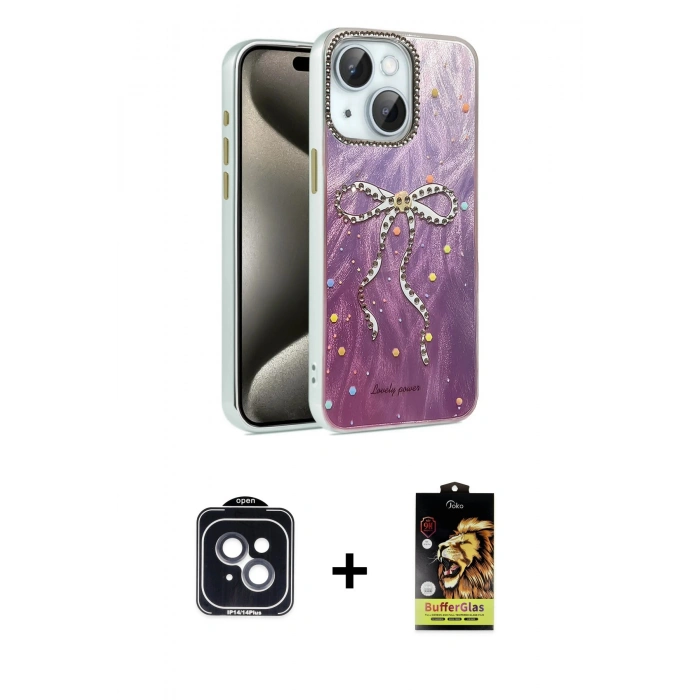 MARSİLYAN™- iPhone 14 Kılıf Zirve Modern Prime - Siyah Buffer Cam Ekran Koruyucu + PVD Metal Kamera Lens - SH