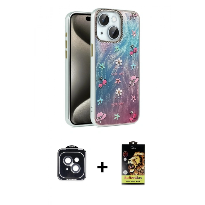MARSİLYAN™- iPhone 14 Kılıf Zirve Modern Prime - Siyah Buffer Cam Ekran Koruyucu + PVD Metal Kamera Lens - SH