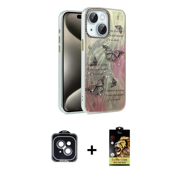 MARSİLYAN™- iPhone 14 Kılıf Zirve Modern Prime - Siyah Buffer Cam Ekran Koruyucu + PVD Metal Kamera Lens - SH