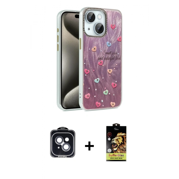 MARSİLYAN™- iPhone 14 Kılıf Zirve Modern Prime - Siyah Buffer Cam Ekran Koruyucu + PVD Metal Kamera Lens - SH