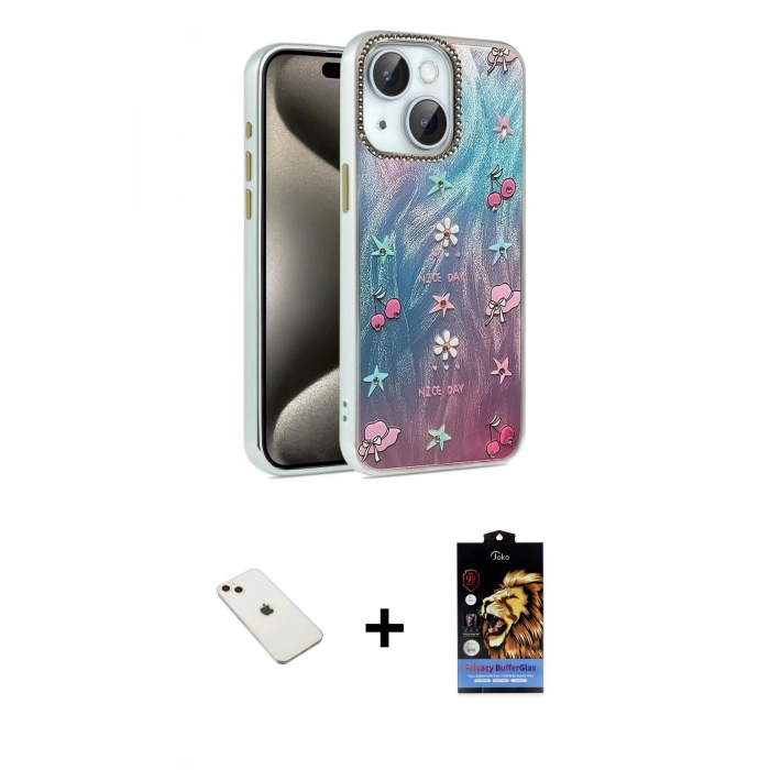 MARSİLYAN™- iPhone 14 Kılıf Zirve Modern Prime - Siyah Buffer Hayalet Cam Ekran Koruyucu + Pembe Diamond Kamera Lens