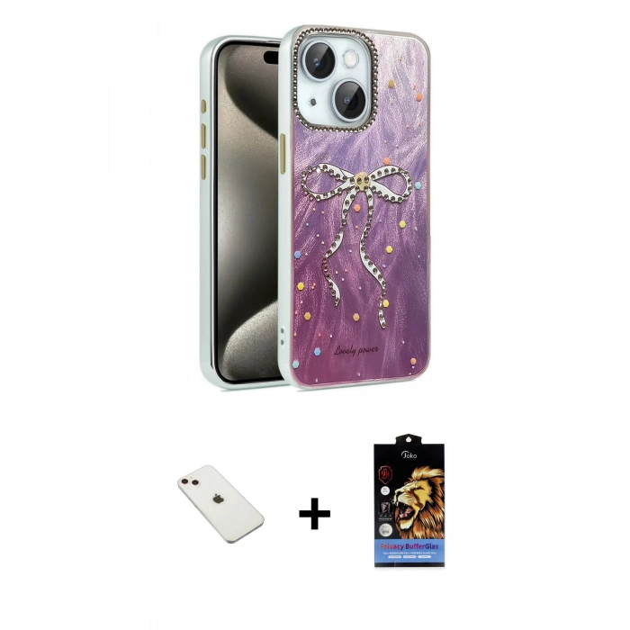 MARSİLYAN™- iPhone 14 Kılıf Zirve Modern Prime - Siyah Buffer Hayalet Cam Ekran Koruyucu + Pembe Diamond Kamera Lens