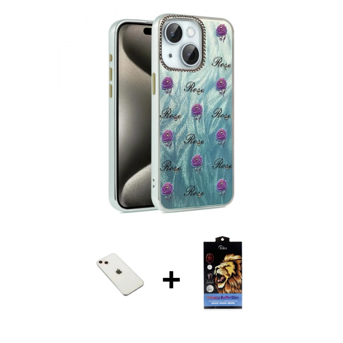 MARSİLYAN™- iPhone 14 Kılıf Zirve Modern Prime - Siyah Buffer Hayalet Cam Ekran Koruyucu + Pembe Diamond Kamera Lens