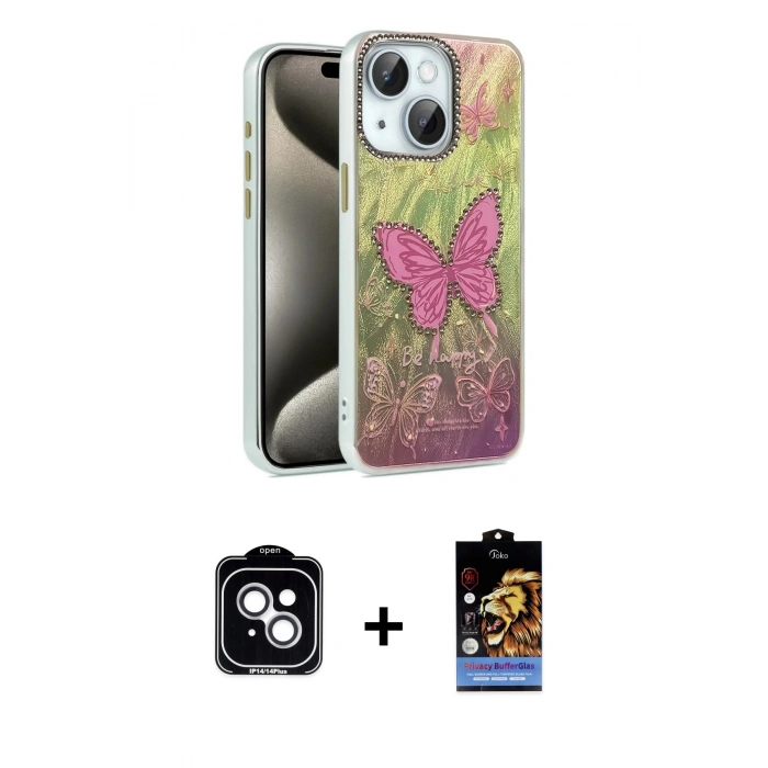 MARSİLYAN™- iPhone 14 Kılıf Zirve Modern Prime - Siyah Buffer Hayalet Cam Ekran Koruyucu + PVD Metal Kamera Lens - GS