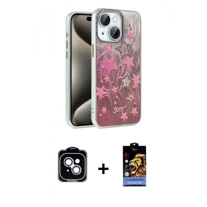 MARSİLYAN™- iPhone 14 Kılıf Zirve Modern Prime - Siyah Buffer Hayalet Cam Ekran Koruyucu + PVD Metal Kamera Lens - GS