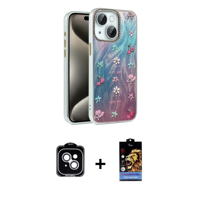 MARSİLYAN™- iPhone 14 Kılıf Zirve Modern Prime - Siyah Buffer Hayalet Cam Ekran Koruyucu + PVD Metal Kamera Lens - GS
