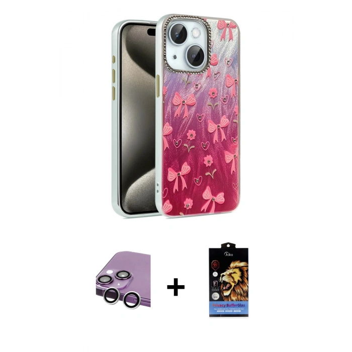 MARSİLYAN™- iPhone 14 Kılıf Zirve Modern Prime - Siyah Buffer Hayalet Cam Ekran Koruyucu + Raze Metal Kamera Lens - GS