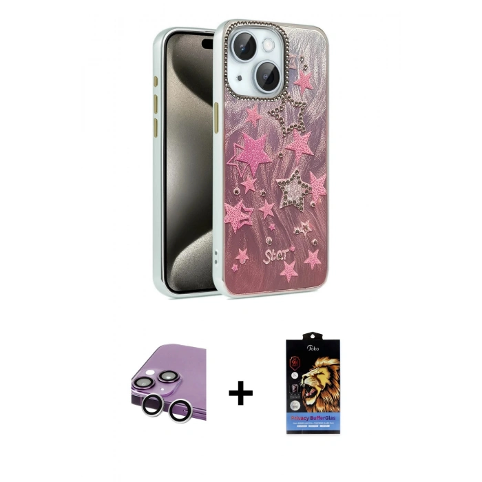 MARSİLYAN™- iPhone 14 Kılıf Zirve Modern Prime - Siyah Buffer Hayalet Cam Ekran Koruyucu + Raze Metal Kamera Lens - GS