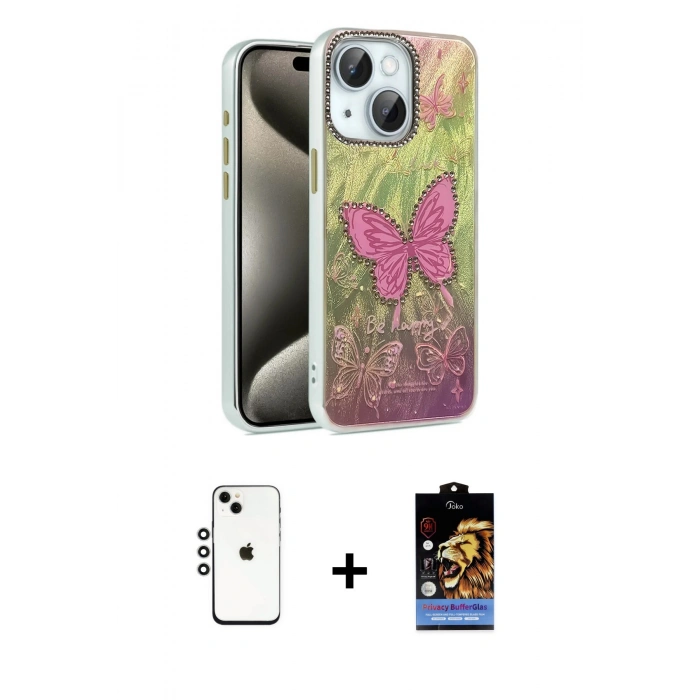MARSİLYAN™- iPhone 14 Kılıf Zirve Modern Prime - Siyah Buffer Hayalet Cam Ekran Koruyucu + Shine Kamera Lens - GS