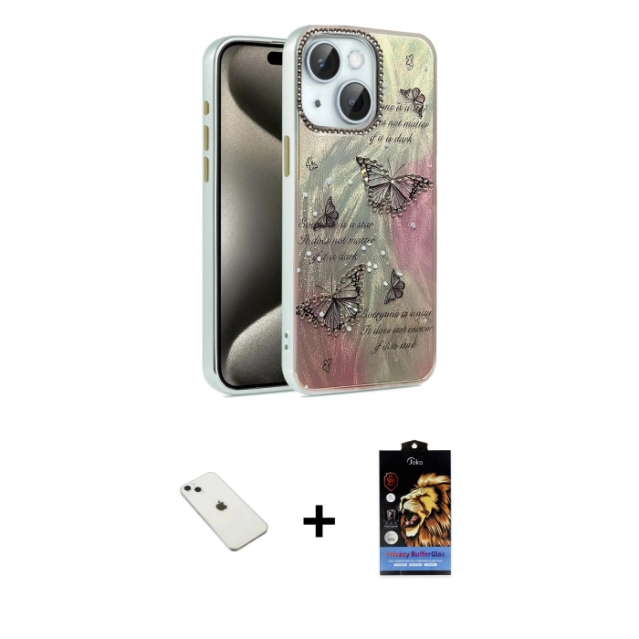 MARSİLYAN™- iPhone 14 Kılıf Zirve Modern Prime - Siyah Buffer Hayalet Cam Ekran Koruyucu + Sierra Blue Diamond Kamera Lens