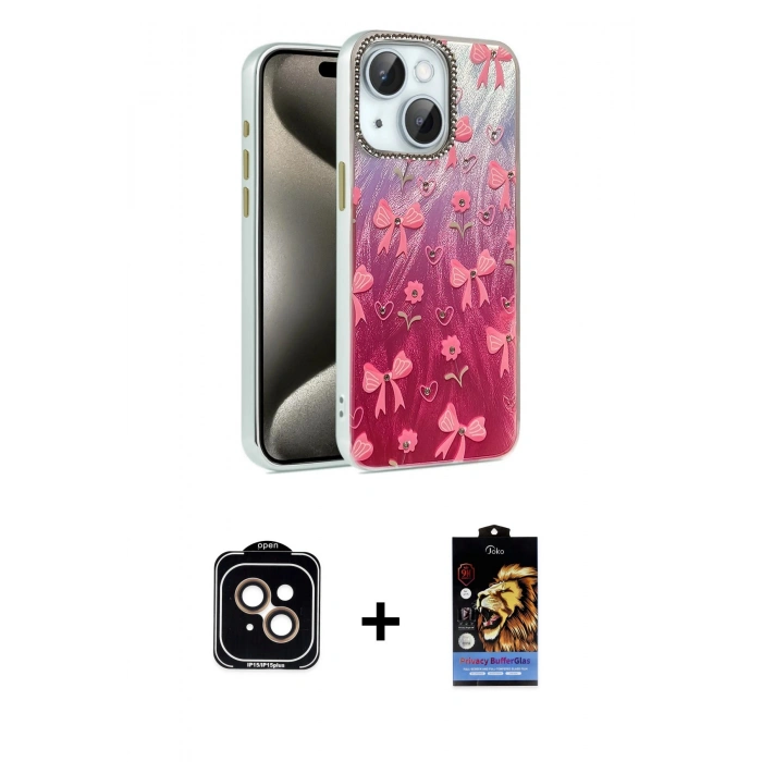 MARSİLYAN™- iPhone 14 Kılıf Zirve Modern Prime - Siyah Buffer Hayalet Cam Ekran Koruyucu + PVD Metal Kamera Lens - TU