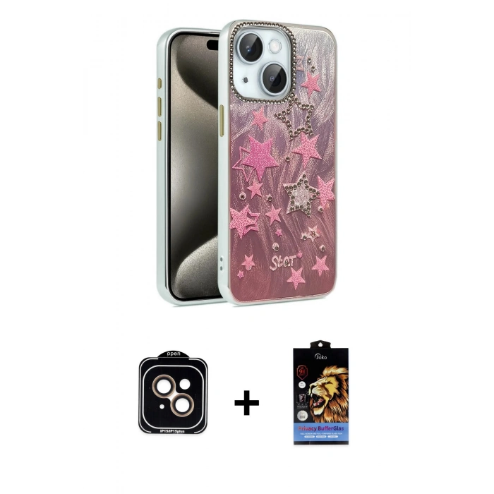 MARSİLYAN™- iPhone 14 Kılıf Zirve Modern Prime - Siyah Buffer Hayalet Cam Ekran Koruyucu + PVD Metal Kamera Lens - TU