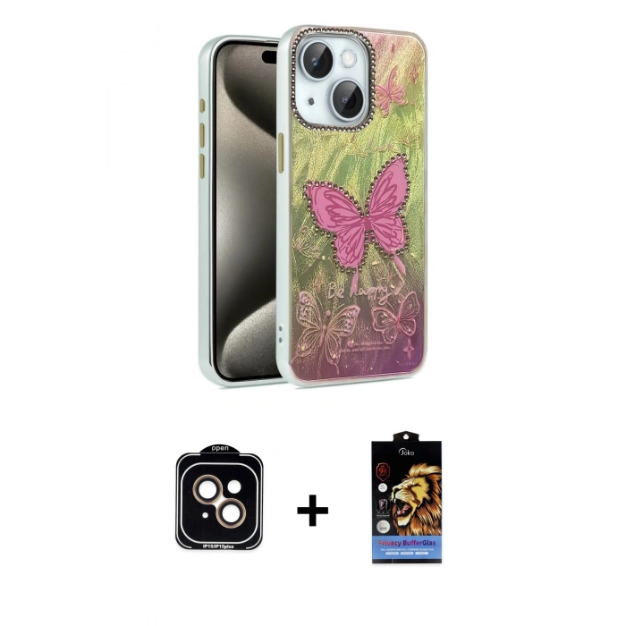 MARSİLYAN™- iPhone 14 Kılıf Zirve Modern Prime - Siyah Buffer Hayalet Cam Ekran Koruyucu + PVD Metal Kamera Lens - TU