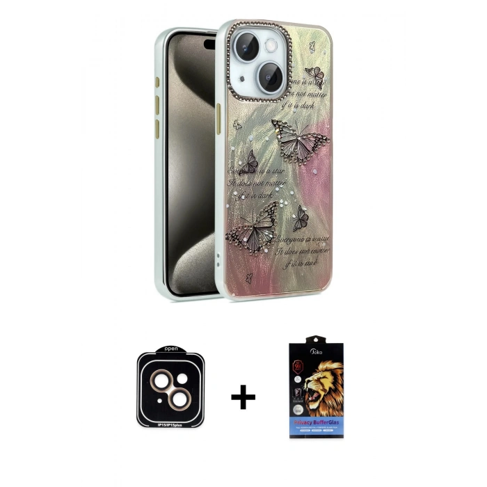 MARSİLYAN™- iPhone 14 Kılıf Zirve Modern Prime - Siyah Buffer Hayalet Cam Ekran Koruyucu + PVD Metal Kamera Lens - TU